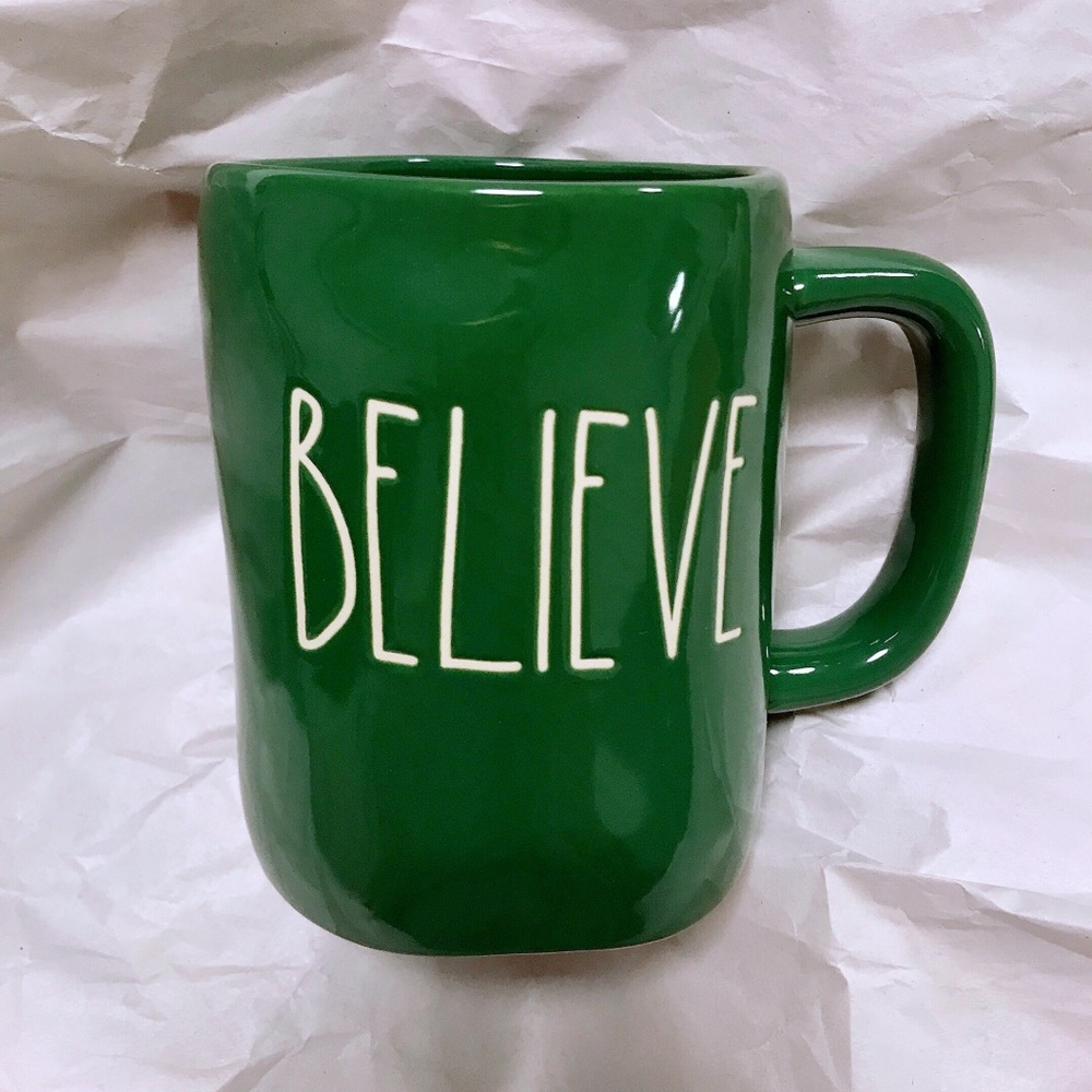 Rae Dunn green Believe Christmas mug